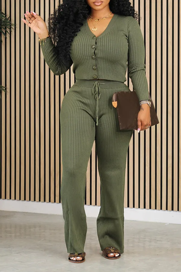 Casual V-Neck Top & Drawstring Pants Set