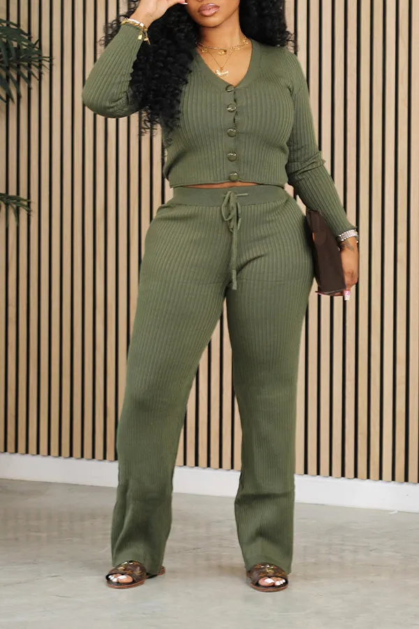 Casual V-Neck Top & Drawstring Pants Set