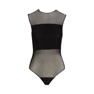 Chic Mesh Signature Paneled Black Bodysuit