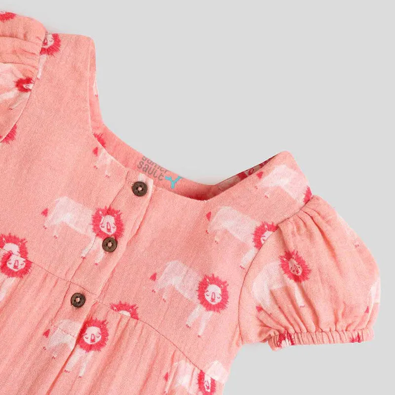 Cotton Romper For Girls | Lion Printed | Pink