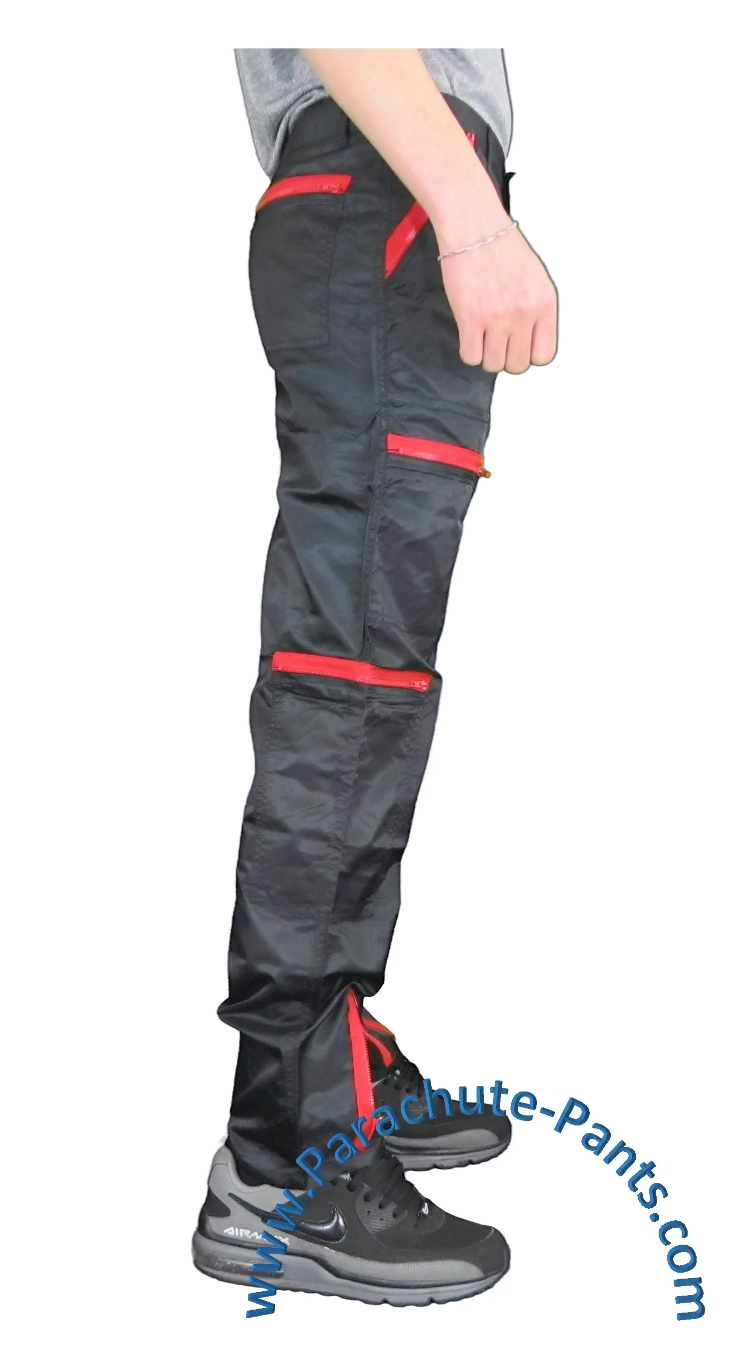 Countdown Black Classic Nylon Parachute Pants with Red Zippers