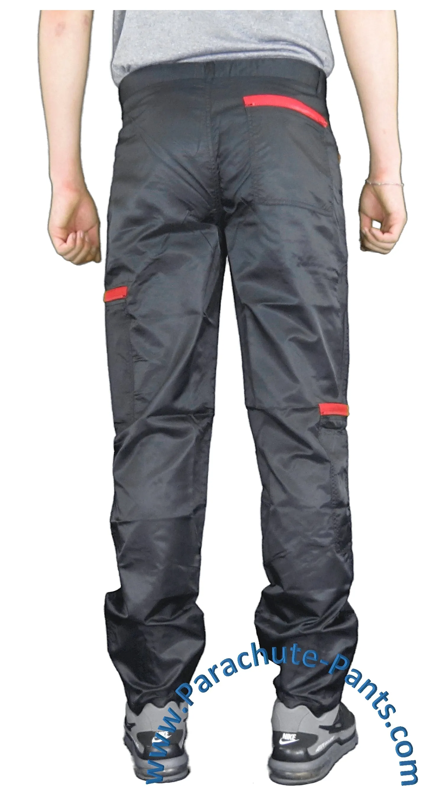 Countdown Black Classic Nylon Parachute Pants with Red Zippers