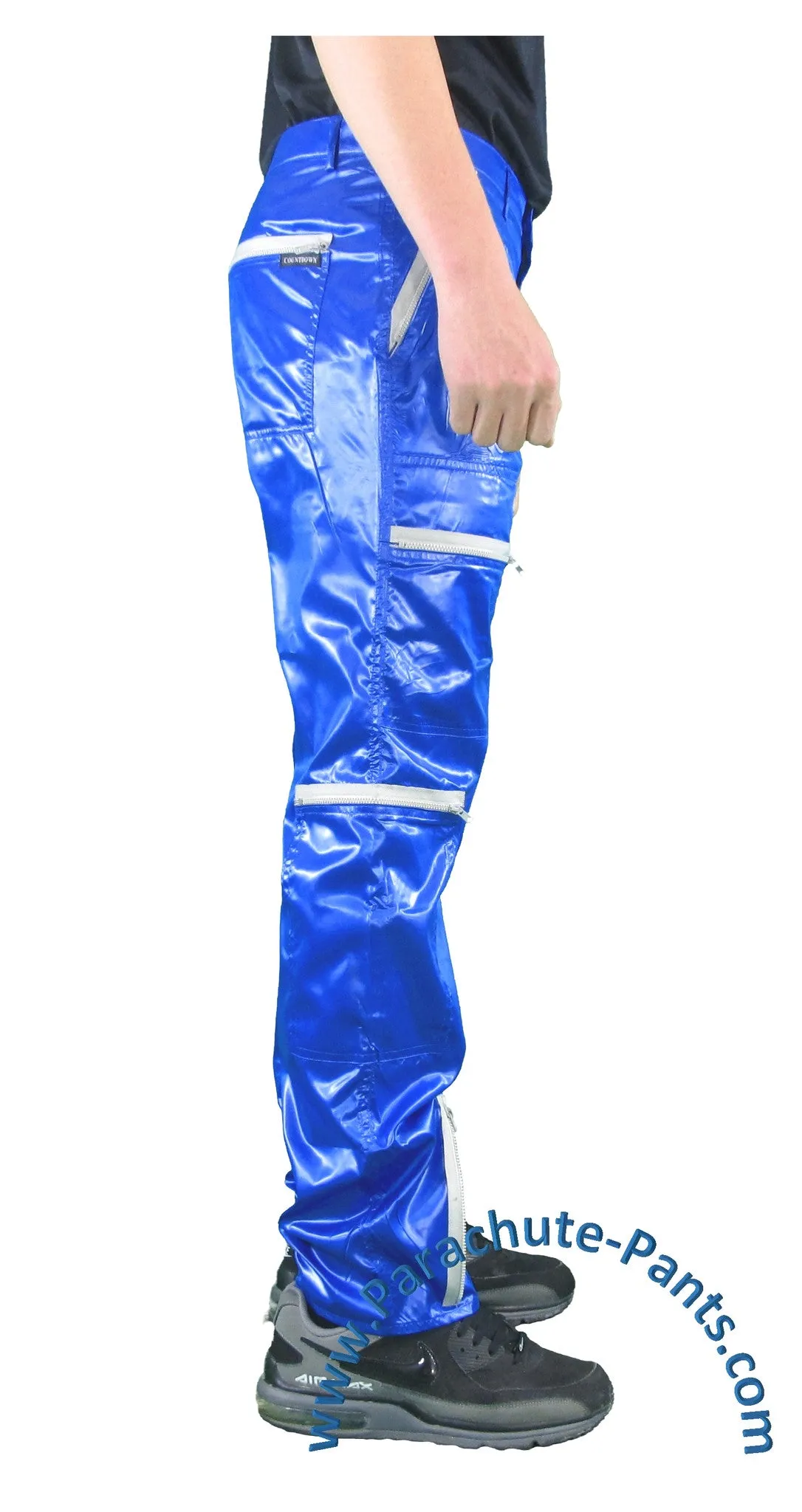 Countdown Blue Shiny Nylon Parachute Pants with Grey Zippers