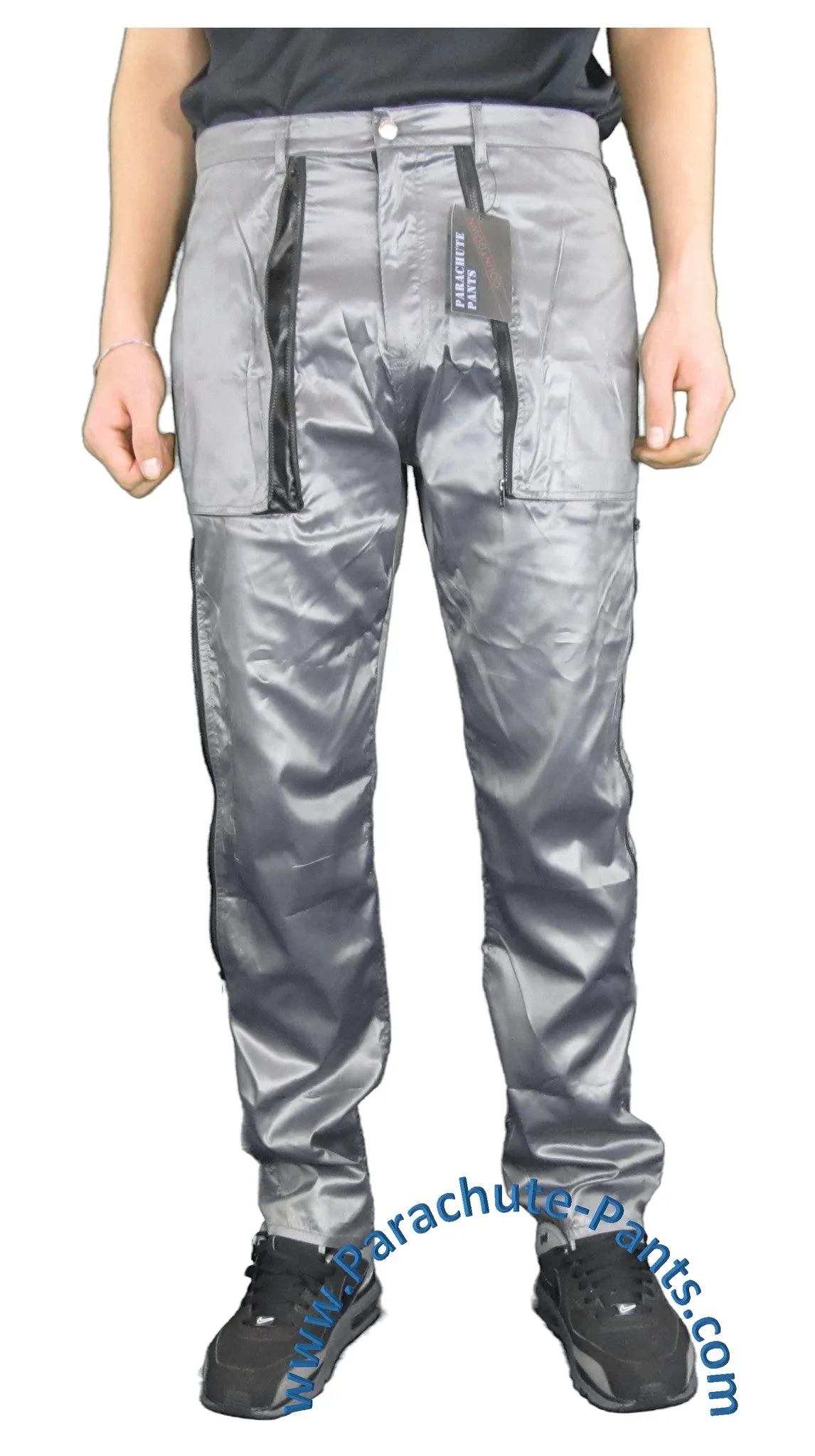 Countdown Grey Shiny Nylon Parachute Pants w/ Long Black Zippers
