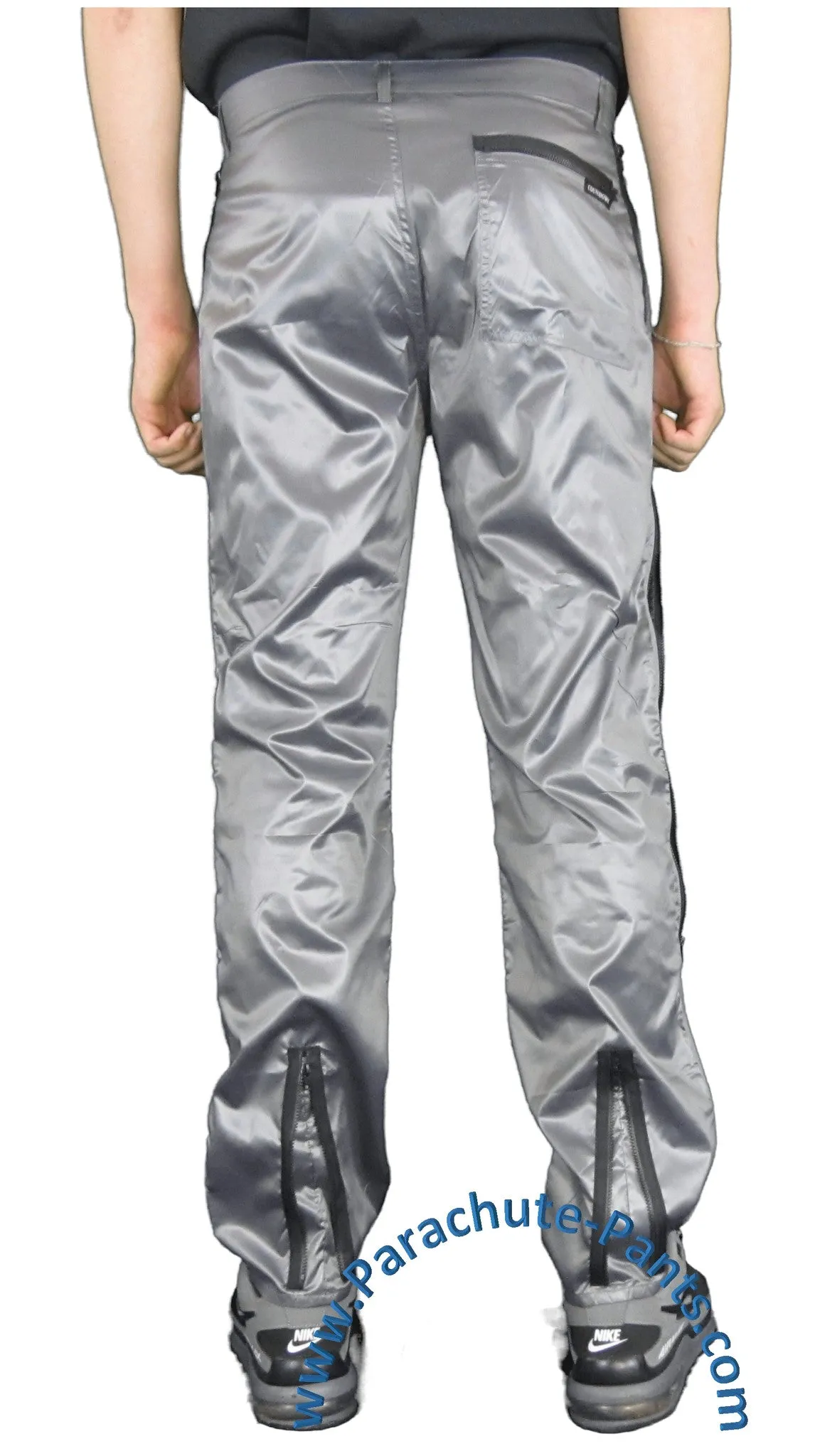 Countdown Grey Shiny Nylon Parachute Pants w/ Long Black Zippers