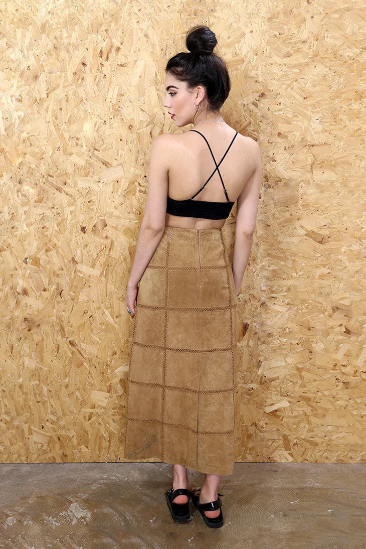 Crochet Grid Tan Suede Maxi Skirt