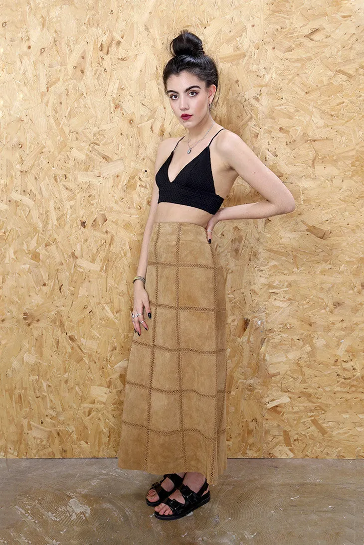 Crochet Grid Tan Suede Maxi Skirt