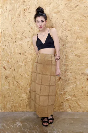 Crochet Grid Tan Suede Maxi Skirt