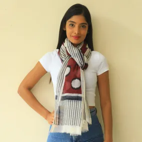 Dark Red Woolen Scarf With Black & White Polka Dots And Stripes