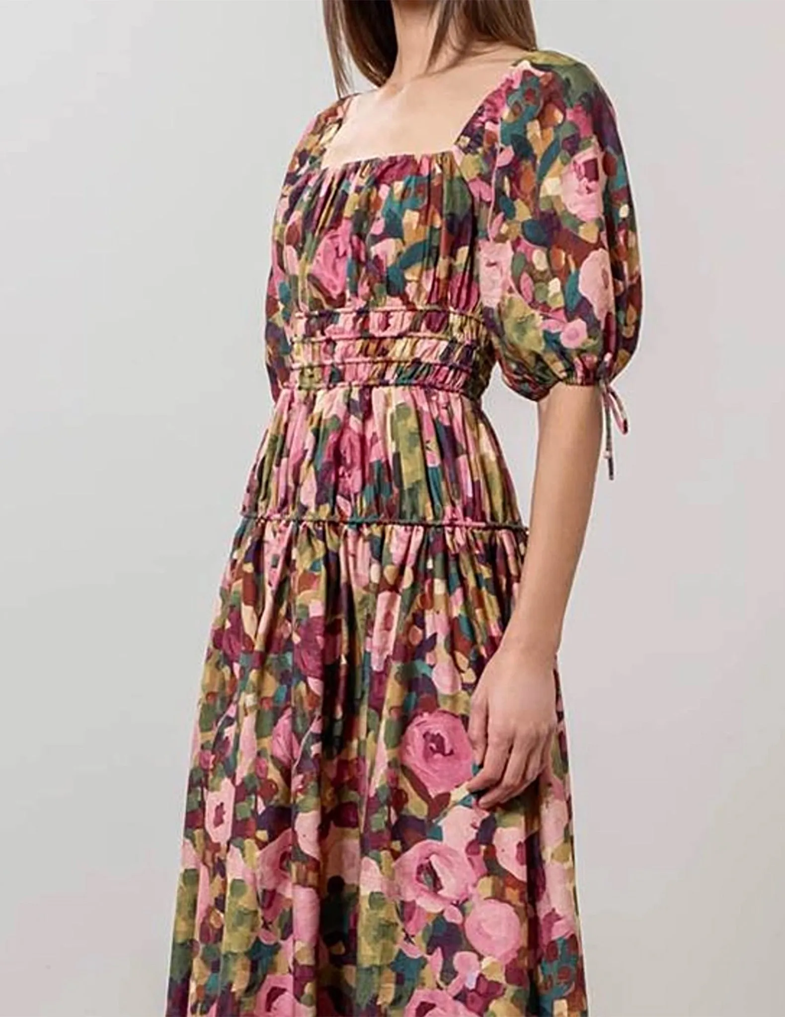 Delilah Floral Tiered   Shirred Midi Dress