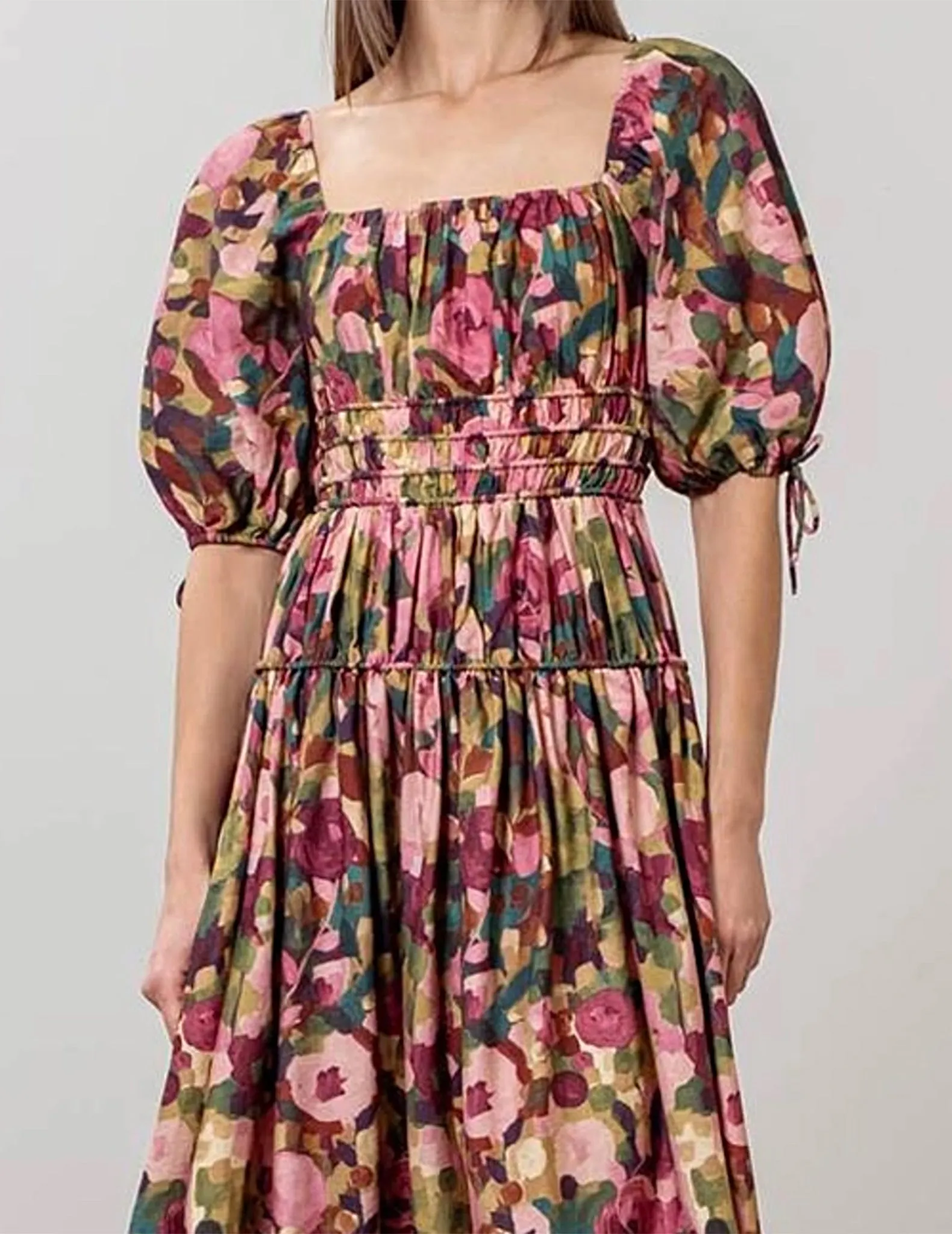 Delilah Floral Tiered   Shirred Midi Dress