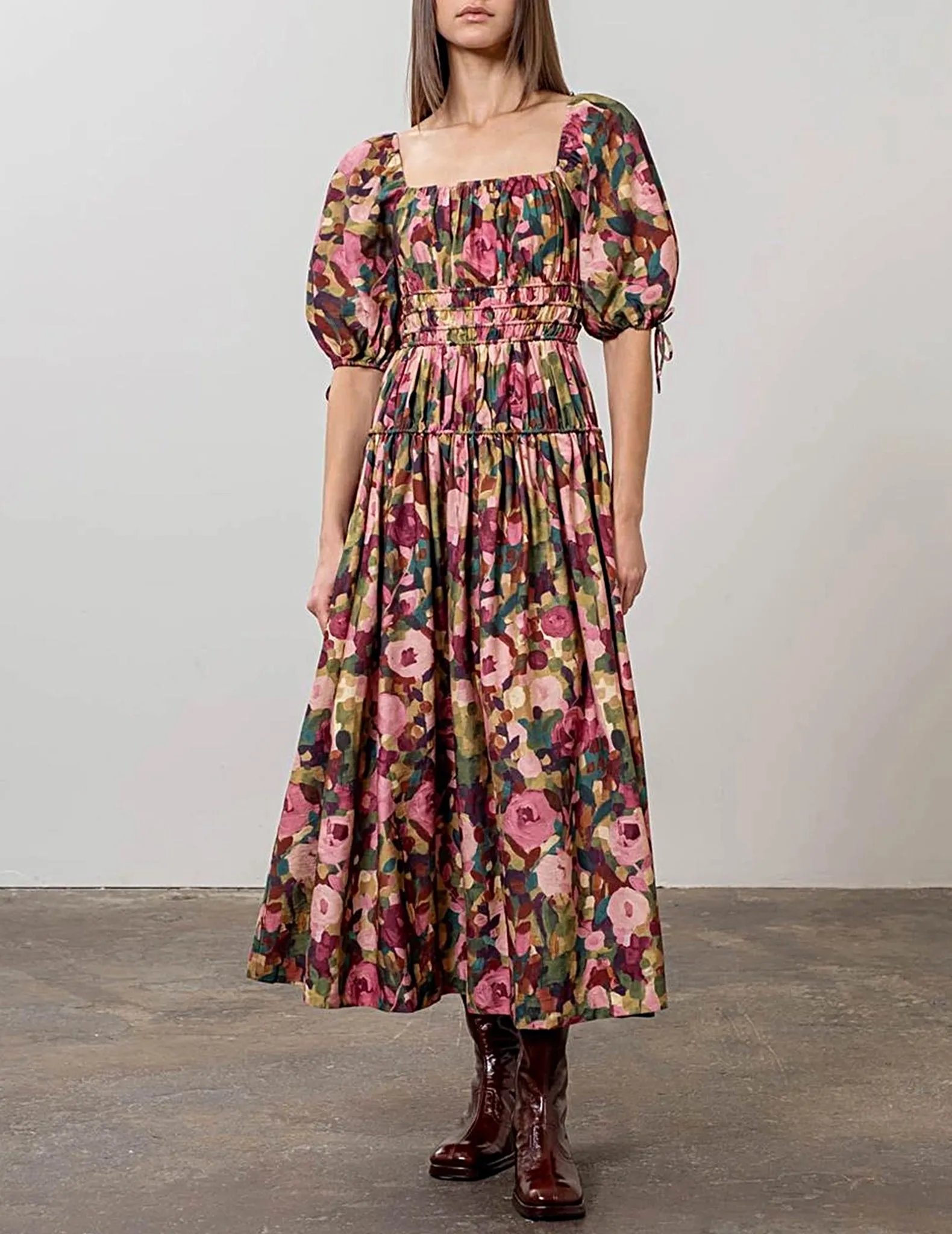 Delilah Floral Tiered   Shirred Midi Dress