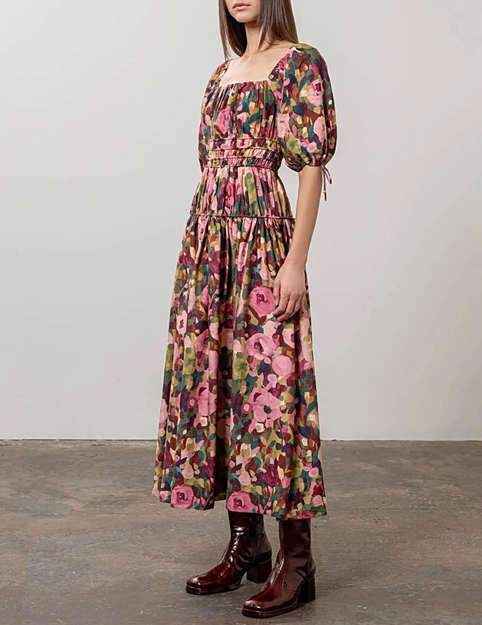 Delilah Floral Tiered   Shirred Midi Dress