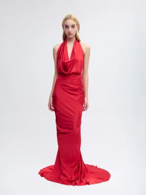 Draped Silk Maxi Skirt in Red