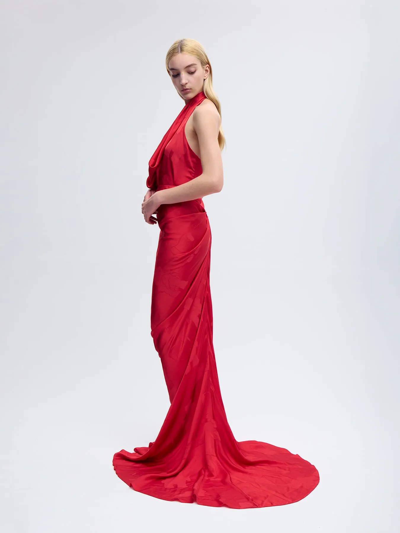 Draped Silk Maxi Skirt in Red