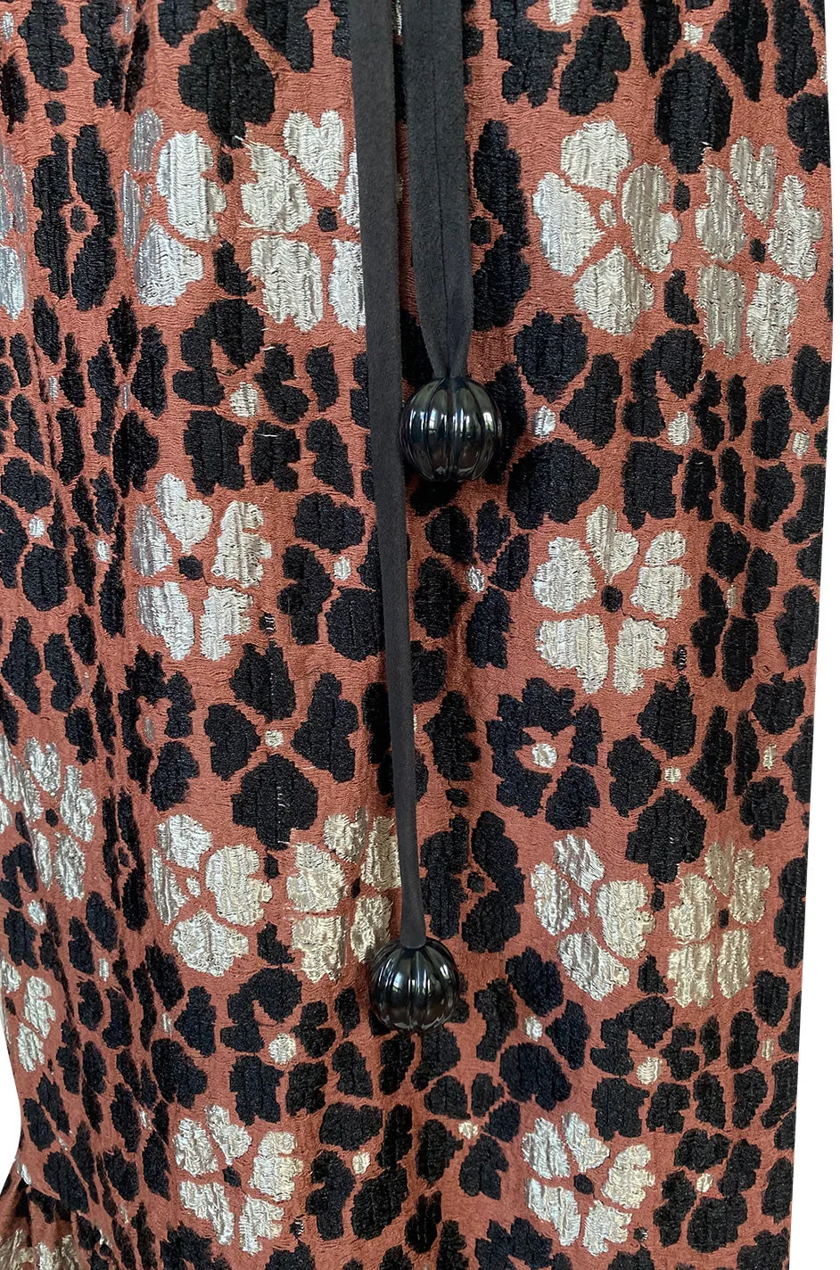 Early 1980s Madame Gres Silver Thread Ruffled Floral Print Maxi Skirt