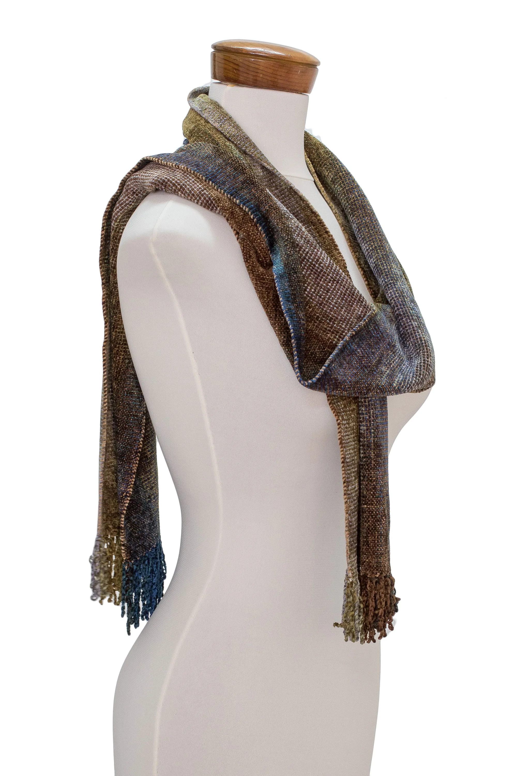 Earth-Tone Rayon Chenille Scarf from Guatemala - Paths | NOVICA