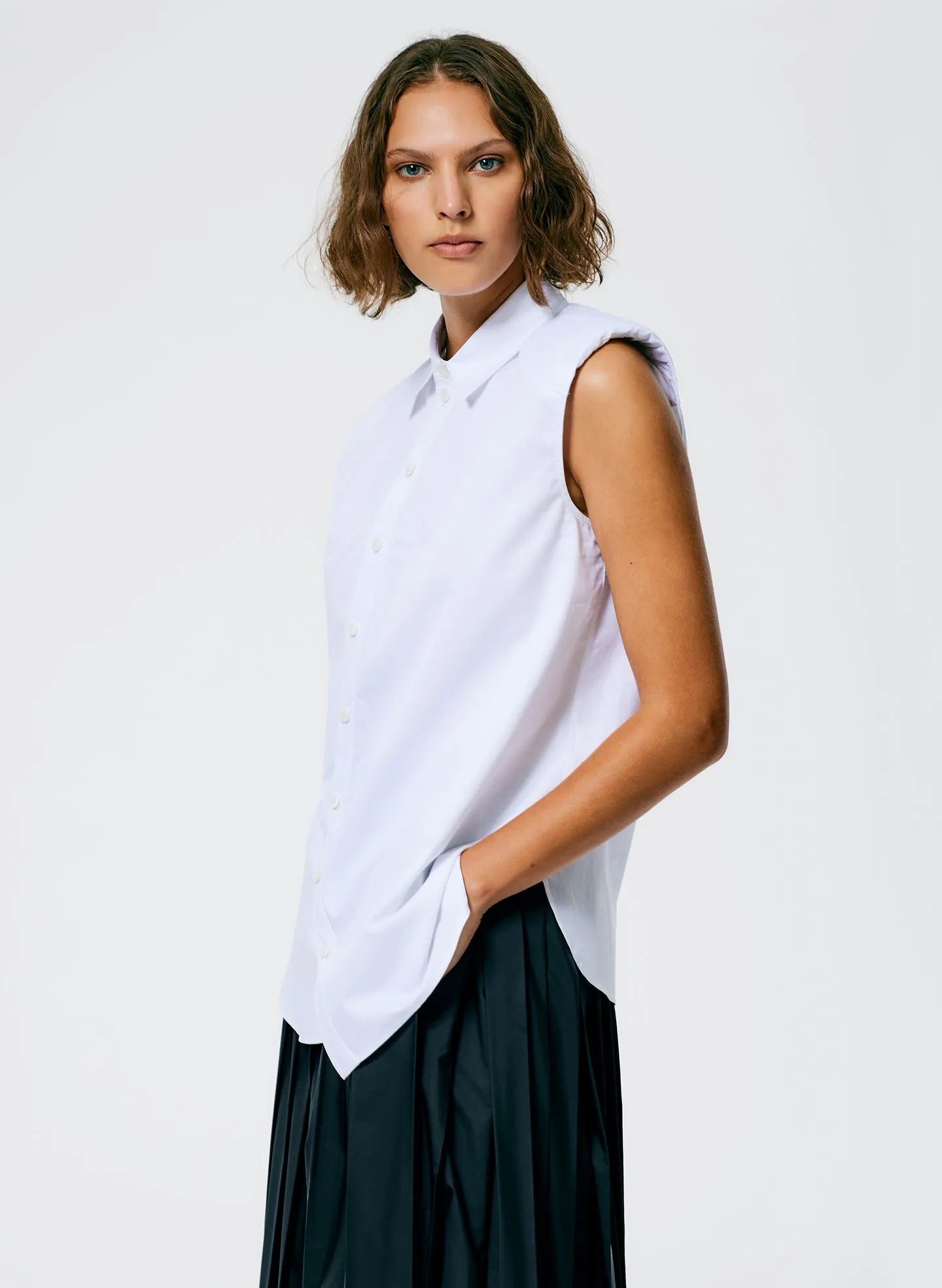 Eco Poplin Sleeveless Shoulderpad Shirt