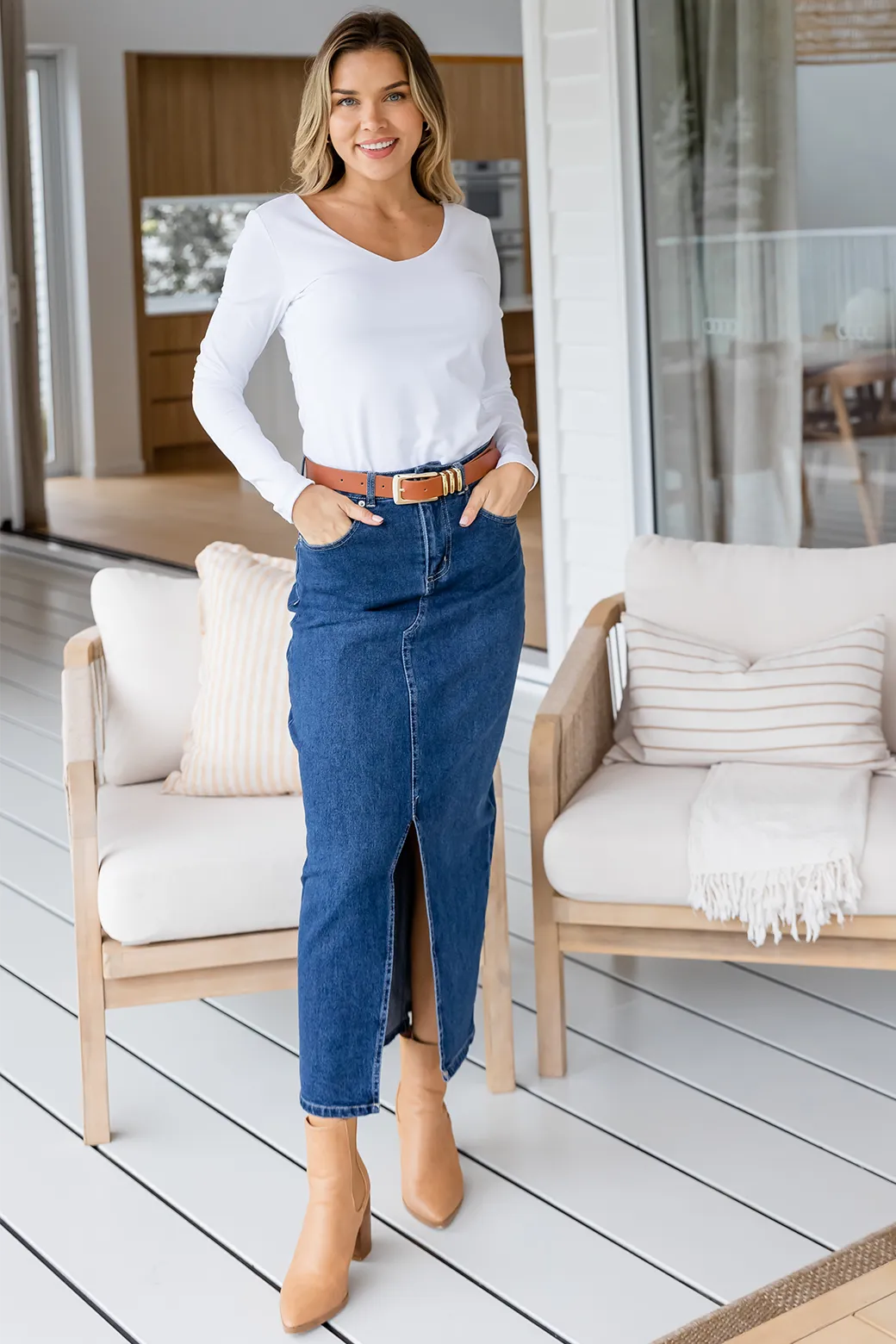 Emerald Stretch Denim Maxi Skirt 78 Wash