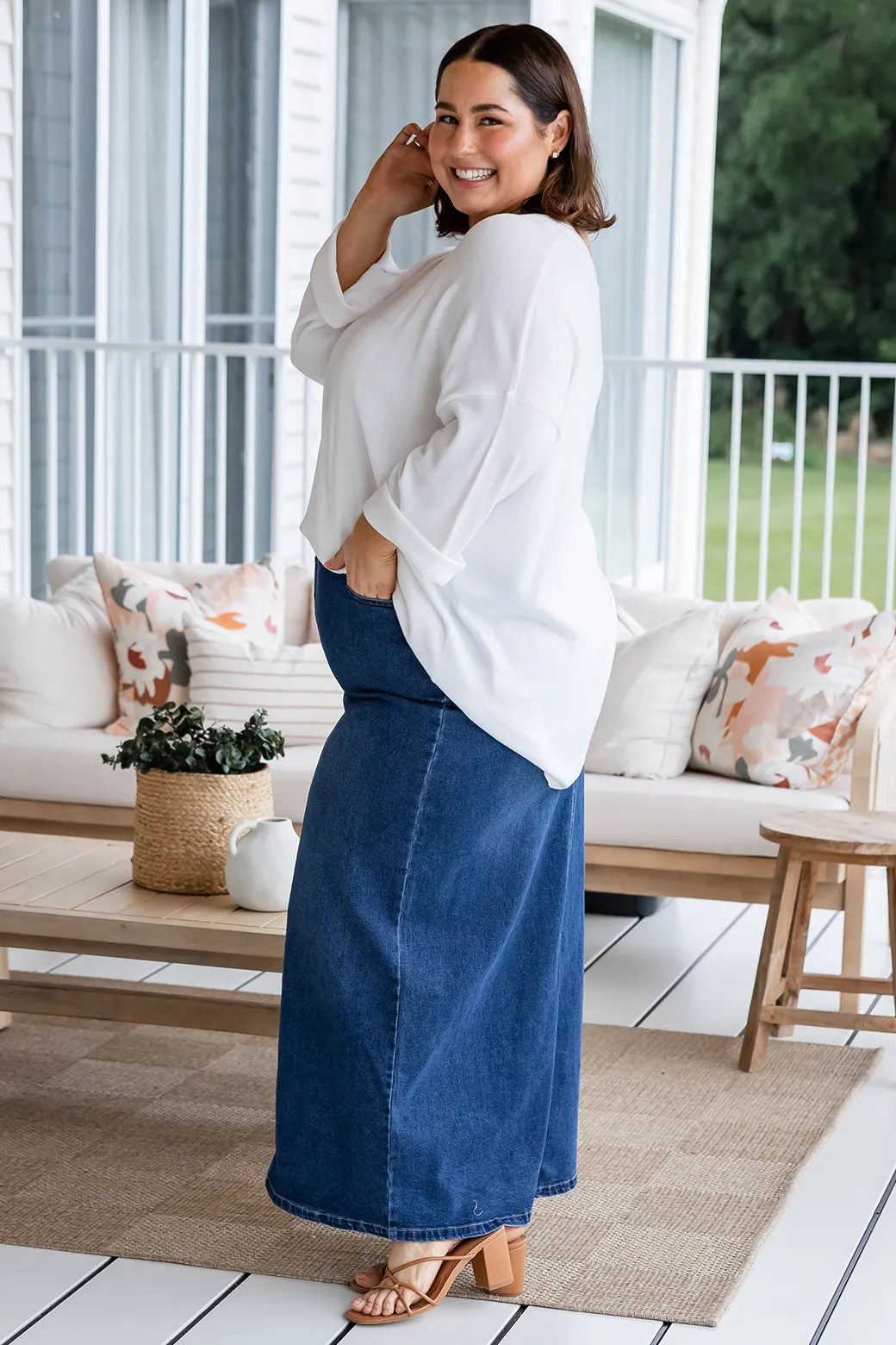 Emerald Stretch Denim Maxi Skirt 78 Wash