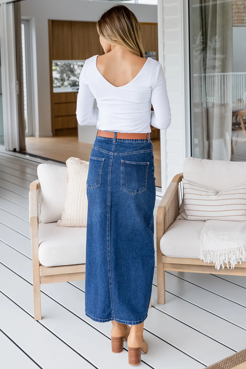 Emerald Stretch Denim Maxi Skirt 78 Wash