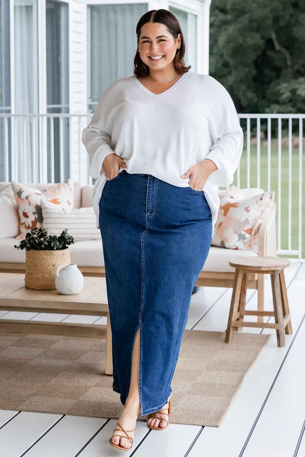 Emerald Stretch Denim Maxi Skirt 78 Wash