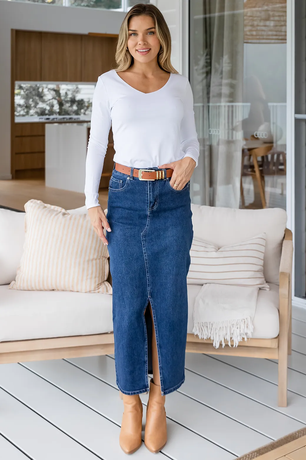 Emerald Stretch Denim Maxi Skirt 78 Wash