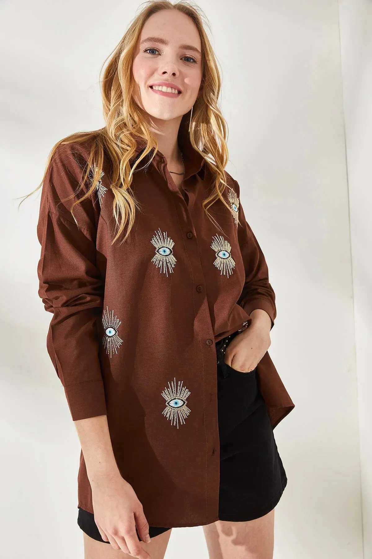 Evil Eye,Eye Sequin Detailed Embroidery Boyfriend Woman Blouse,Bohemian Cotton Blouse,Vintage Blouse,Gift For Her,Women Tops,Boho Blouse 2