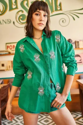 Evil Eye,Eye Sequin Detailed Embroidery Boyfriend Woman Blouse,Bohemian Cotton Blouse,Vintage Blouse,Gift For Her,Women Tops,Boho Blouse 2