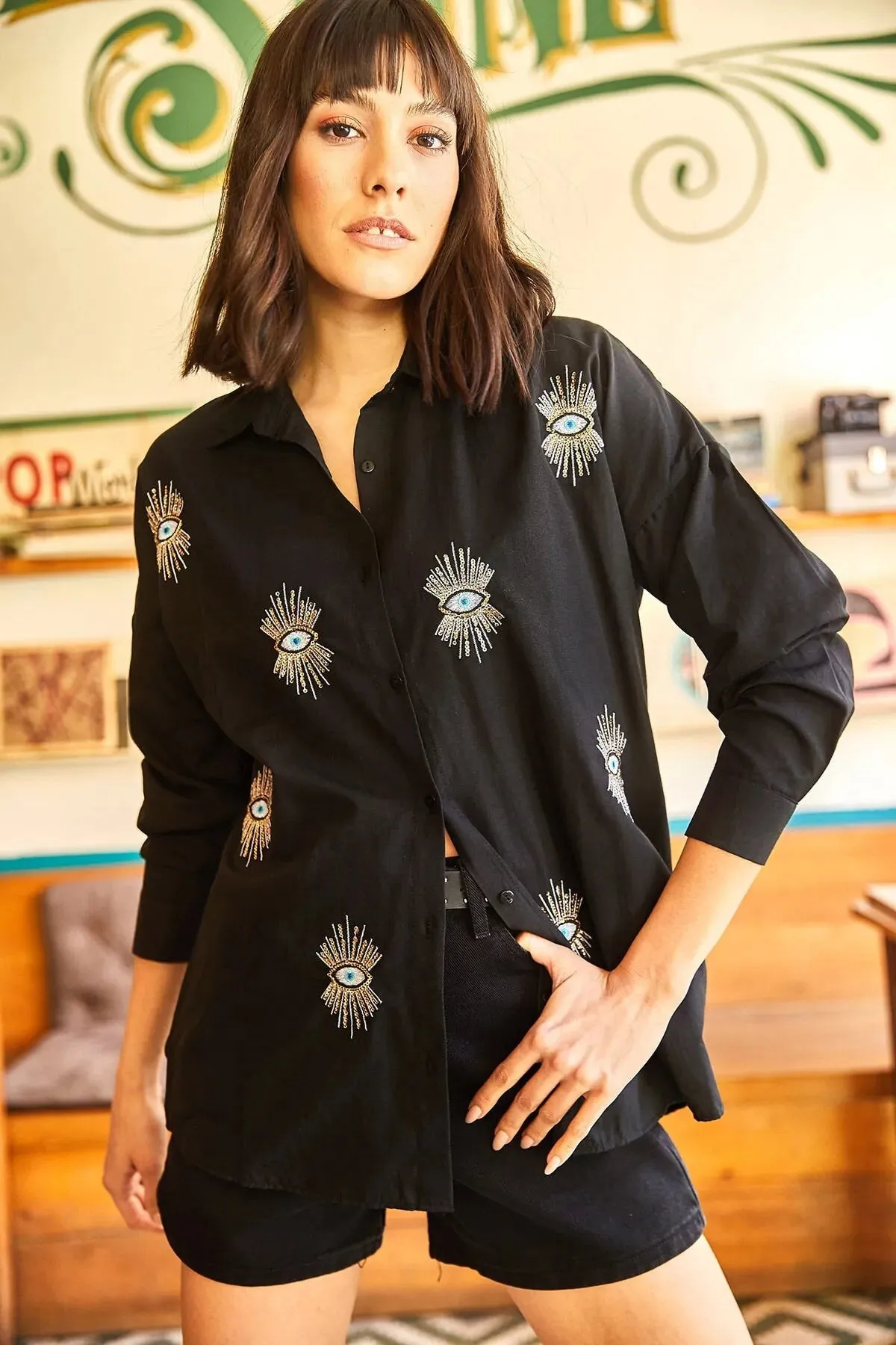 Evil Eye,Eye Sequin Detailed Embroidery Boyfriend Woman Blouse,Bohemian Cotton Blouse,Vintage Blouse,Gift For Her,Women Tops,Boho Blouse 2