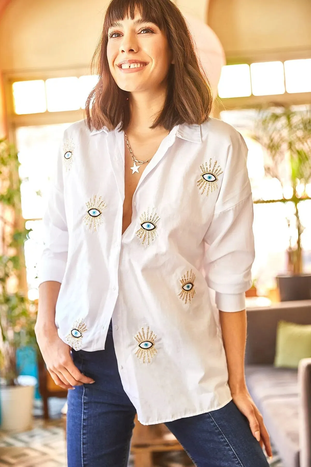 Evil Eye,Eye Sequin Detailed Embroidery Boyfriend Woman Blouse,Bohemian Cotton Blouse,Vintage Blouse,Gift For Her,Women Tops,Boho Blouse 2