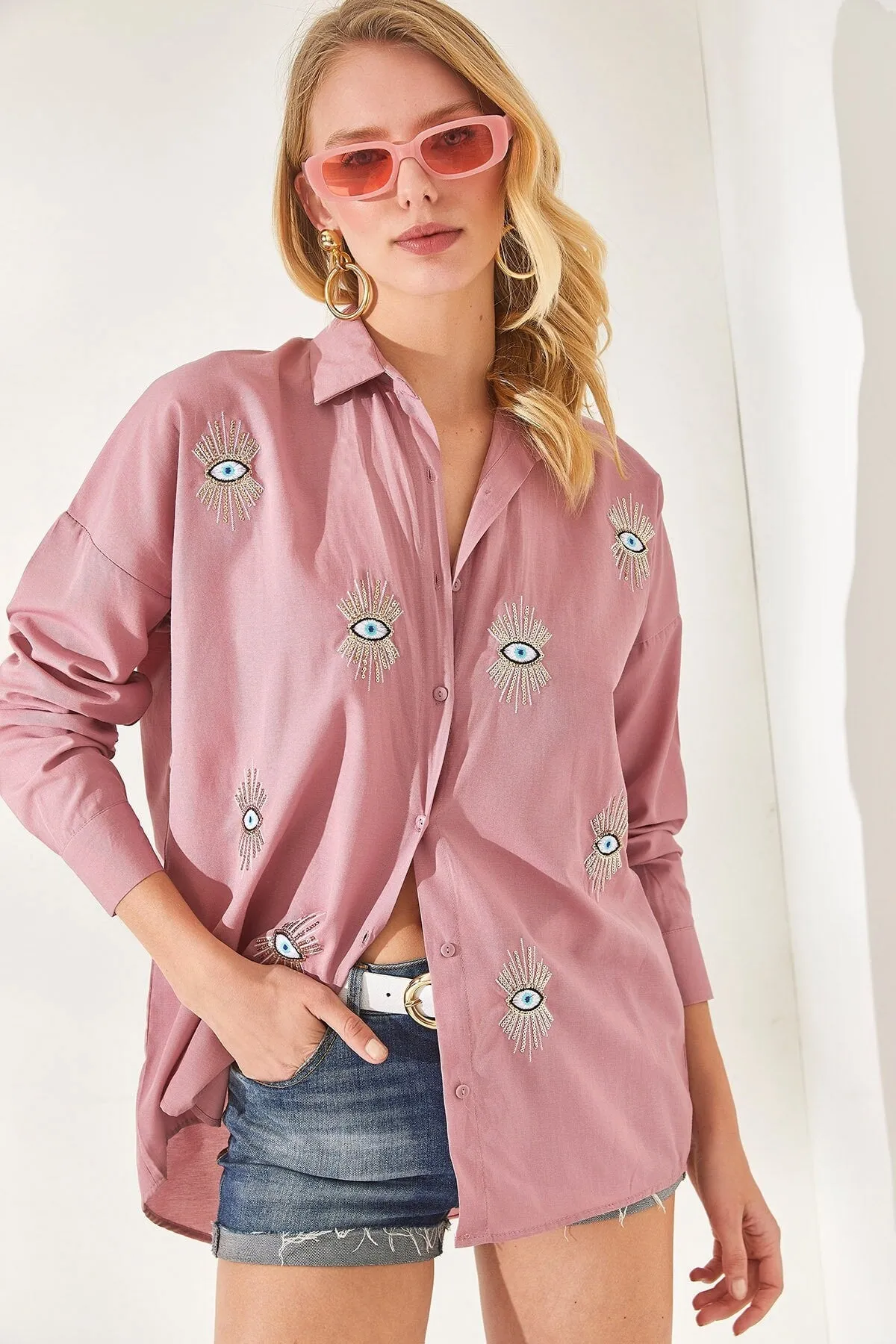 Evil Eye,Eye Sequin Detailed Embroidery Boyfriend Woman Blouse,Bohemian Cotton Blouse,Vintage Blouse,Gift For Her,Women Tops,Boho Blouse 2