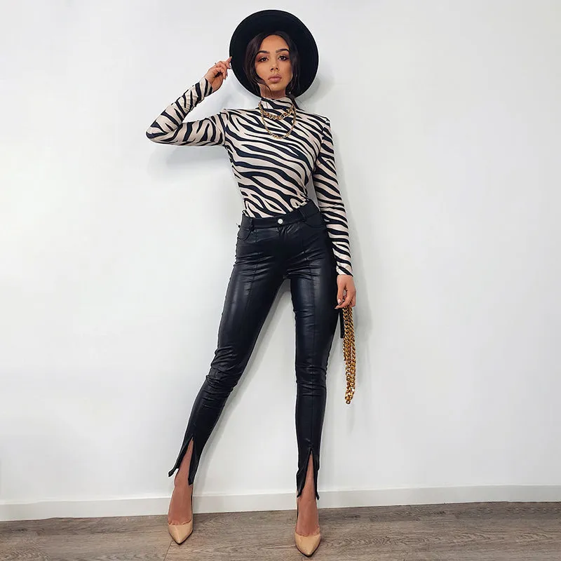 Faux Leather Ankle Slit Trousers