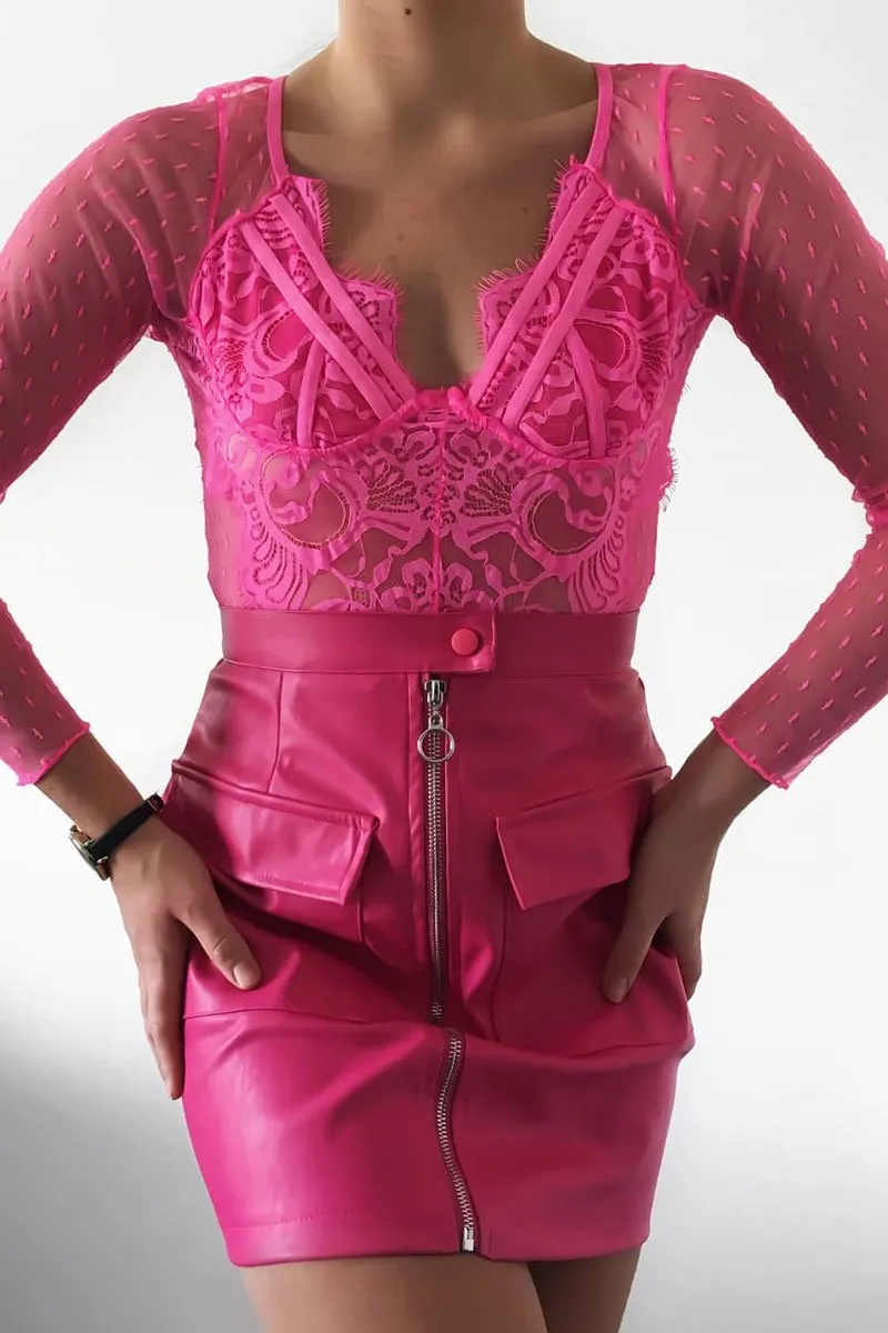 Fuchsia Dobby Mesh Low Cut Bodysuit - Tamara