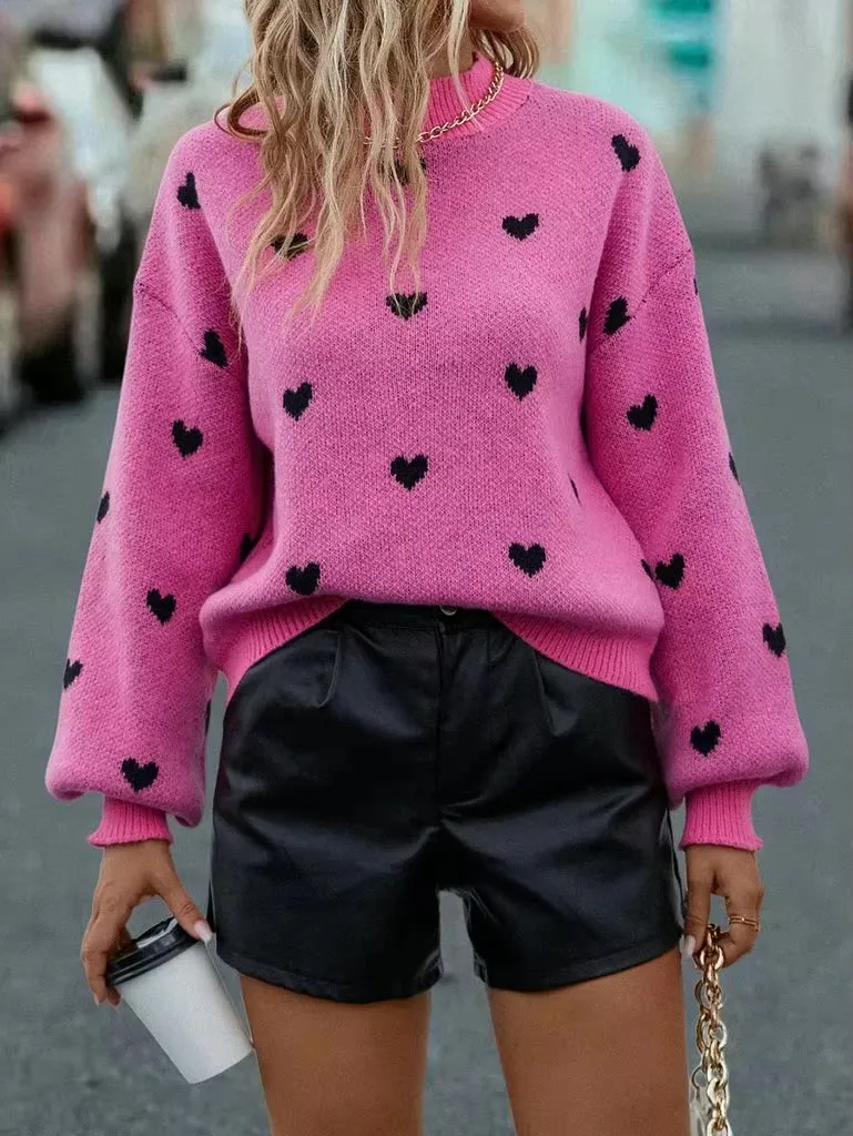 Fuchsia Heart Pattern Knit Sweater – Bold & Cozy Love