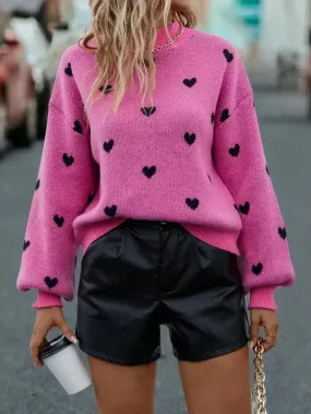 Fuchsia Heart Pattern Knit Sweater – Bold & Cozy Love