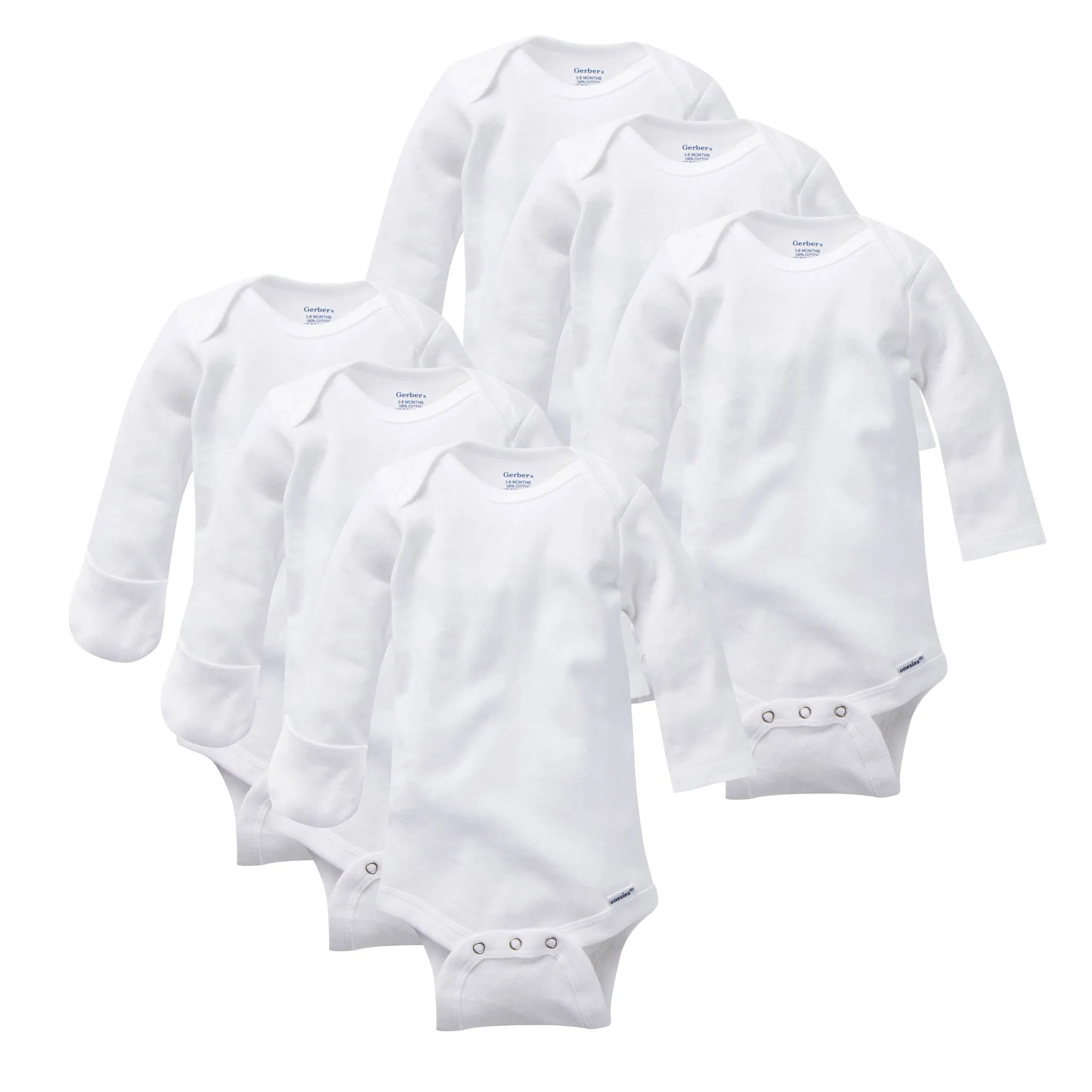 Gerber - 6 Pack Long Sleeve Onesies w Cuffs - White