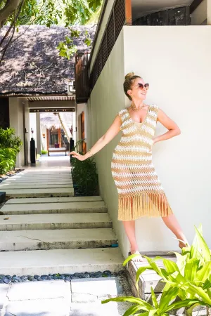 Gold and White Crochet Fringe Dress