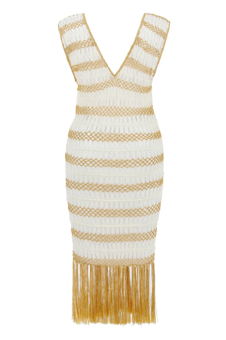 Gold and White Crochet Fringe Dress