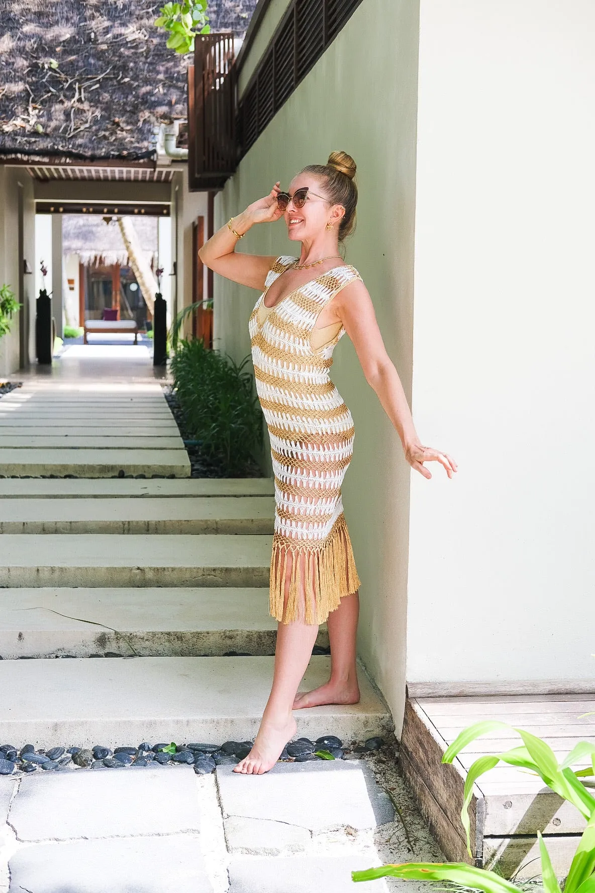 Gold and White Crochet Fringe Dress