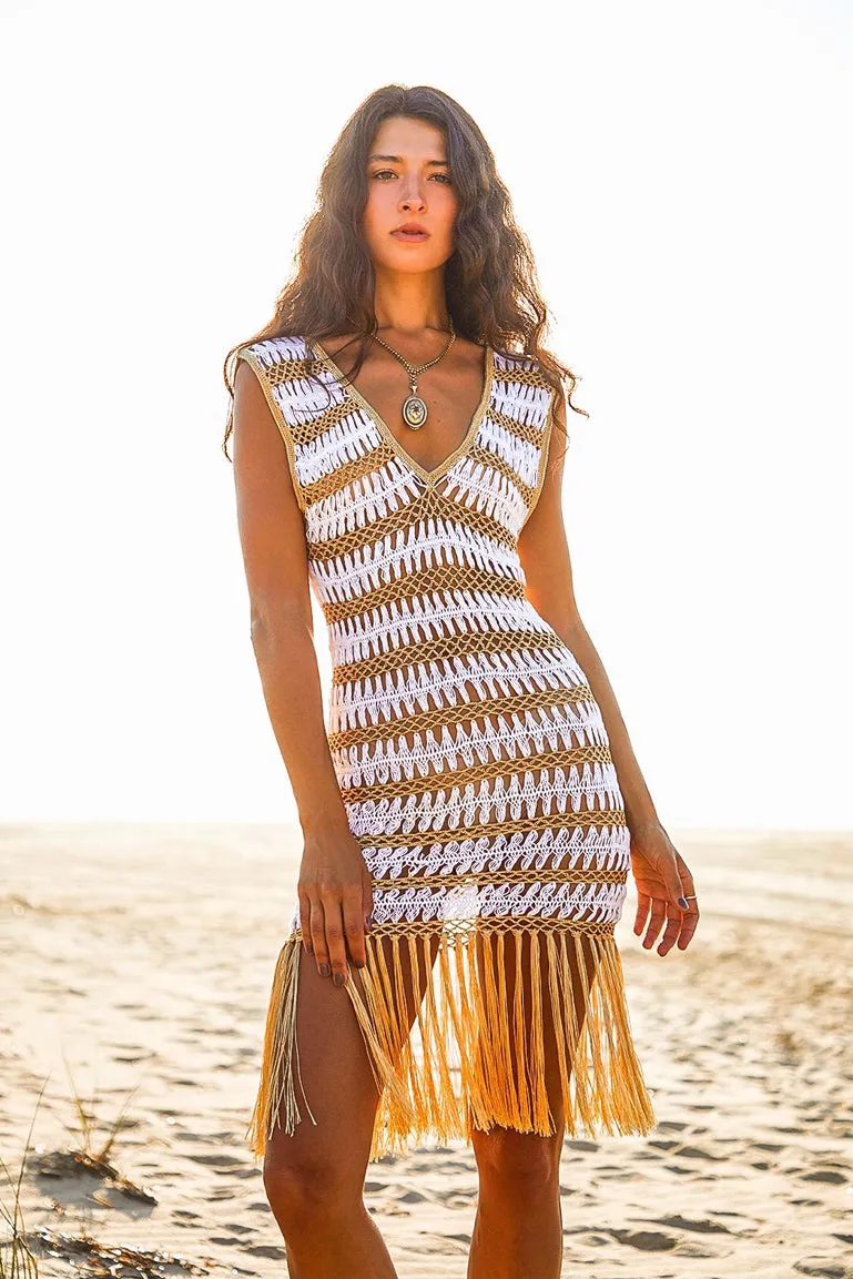 Gold and White Crochet Fringe Dress