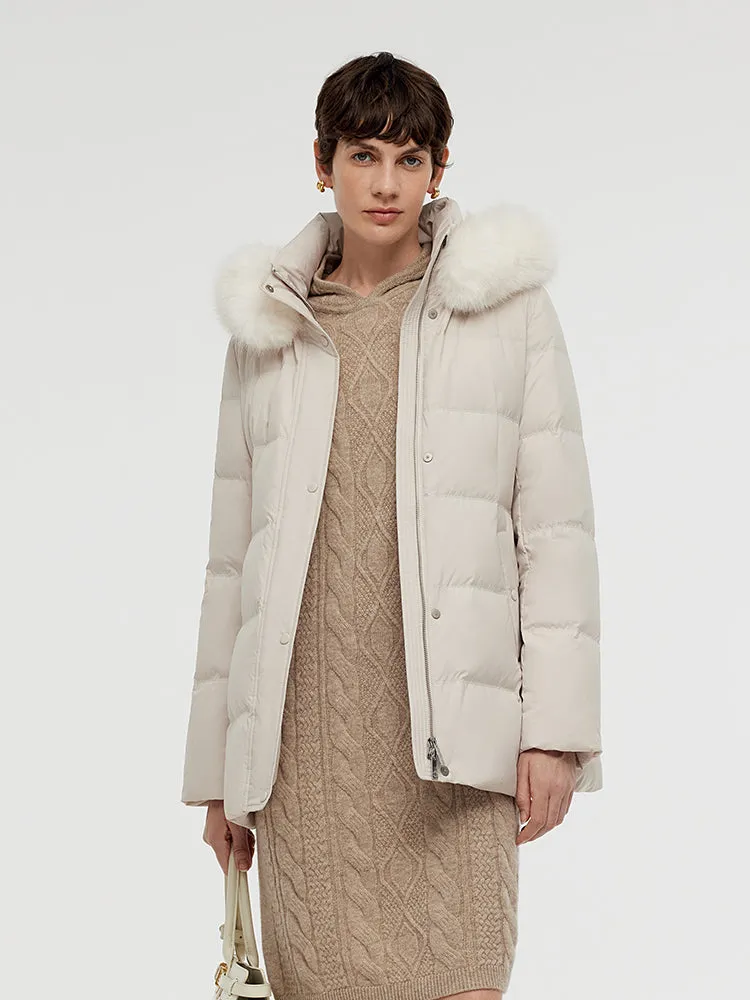 Hooded Gathered Waist Goose Down Coat With Belt