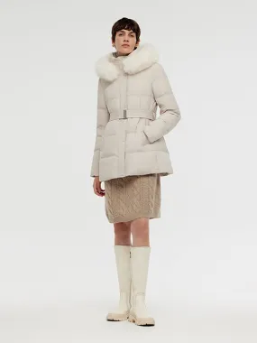 Hooded Gathered Waist Goose Down Coat With Belt