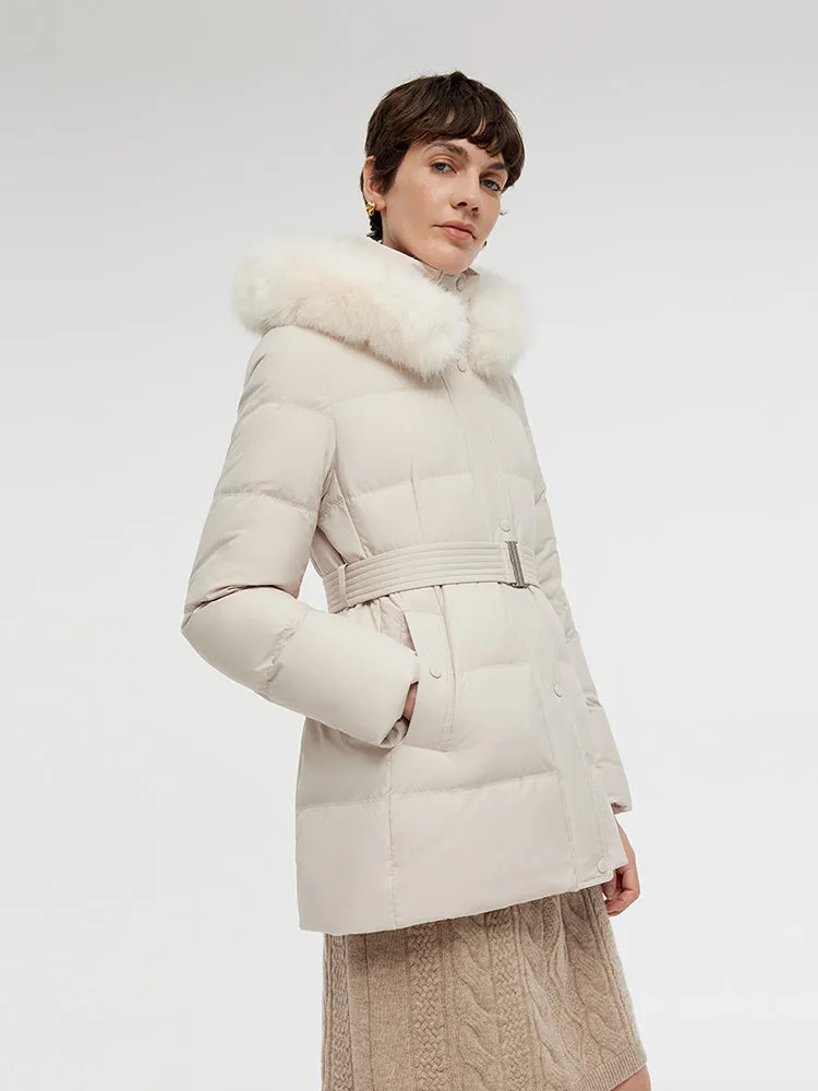 Hooded Gathered Waist Goose Down Coat With Belt