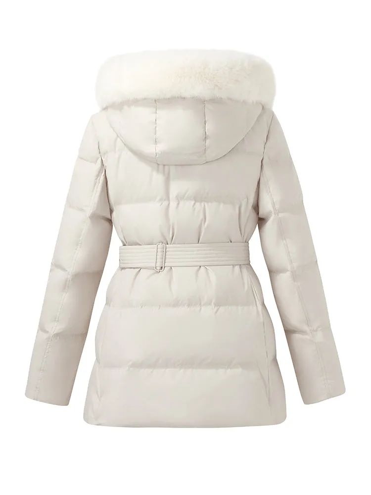 Hooded Gathered Waist Goose Down Coat With Belt