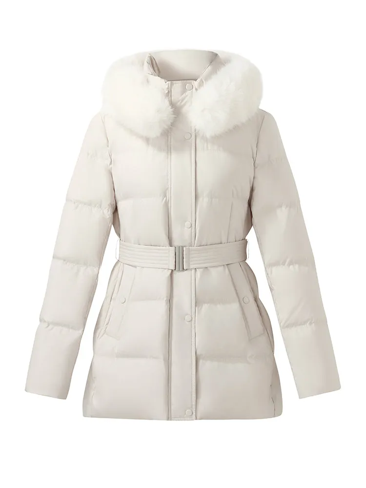 Hooded Gathered Waist Goose Down Coat With Belt