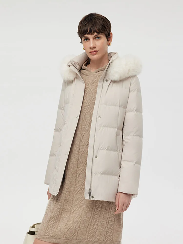 Hooded Gathered Waist Goose Down Coat With Belt