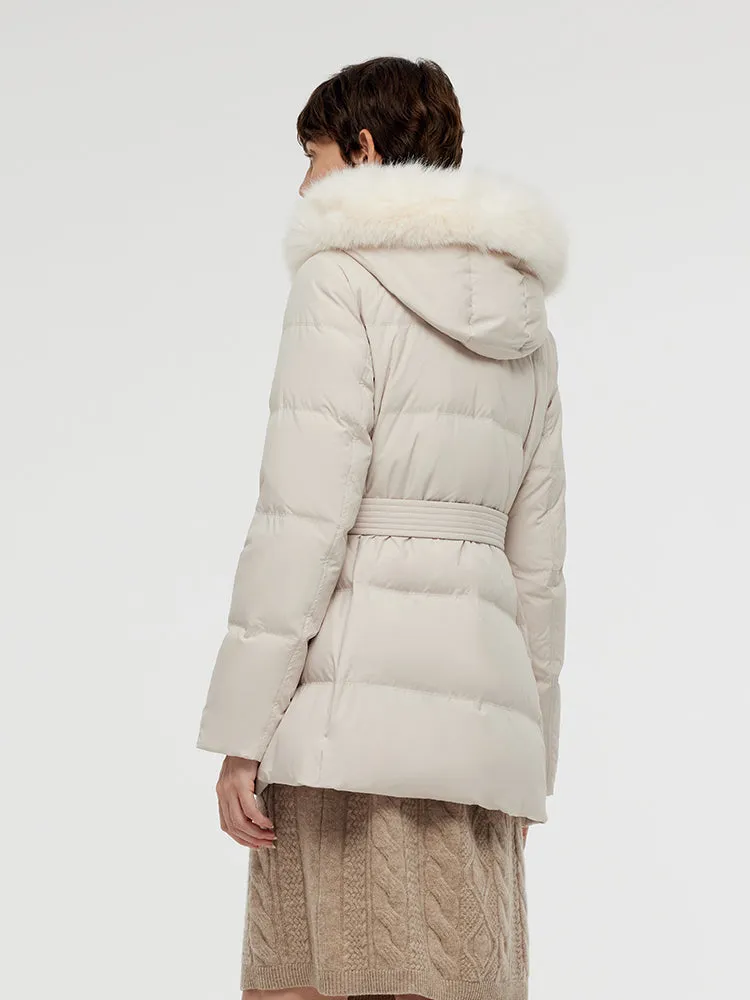 Hooded Gathered Waist Goose Down Coat With Belt