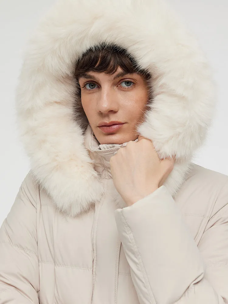 Hooded Gathered Waist Goose Down Coat With Belt
