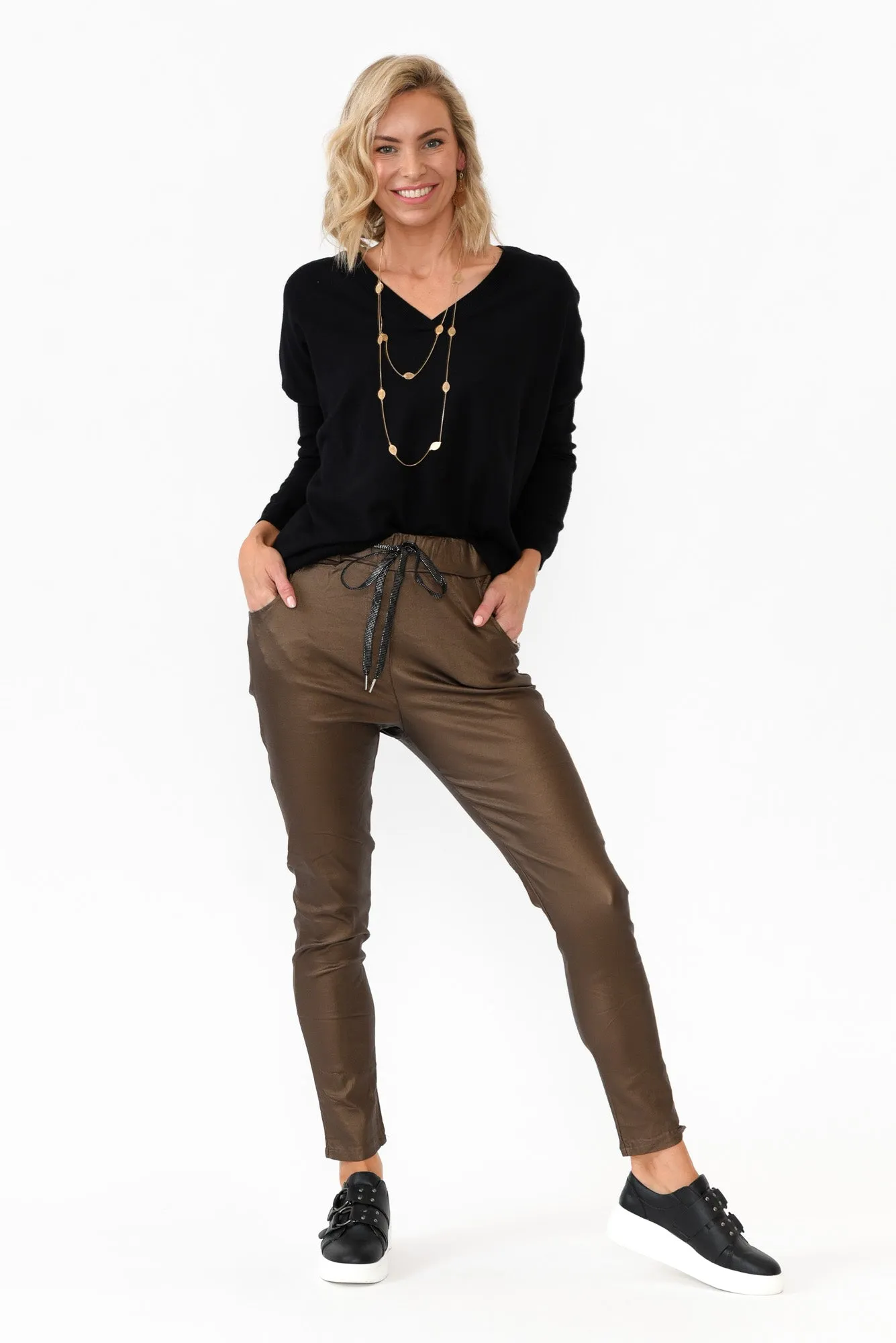 Jacinta Bronze Wet Look Stretch Pants